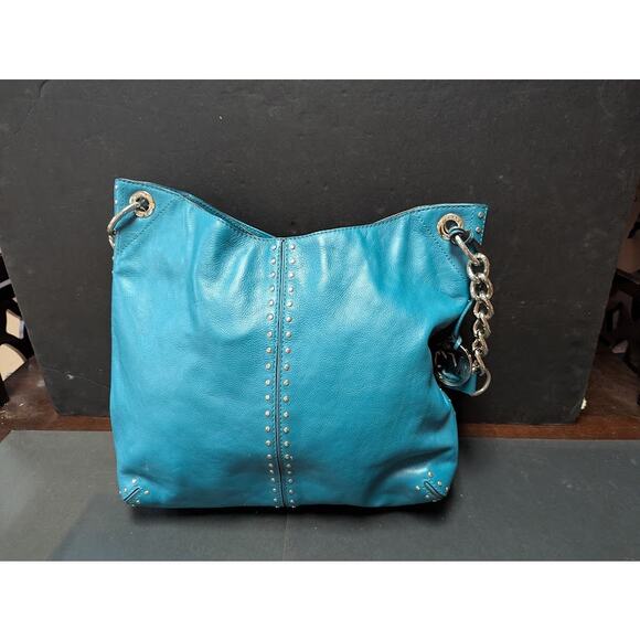 Michael Kors bucket boho Purse bag Chain Handle Strap leather Teal PreOwned - Picture 2 of 9